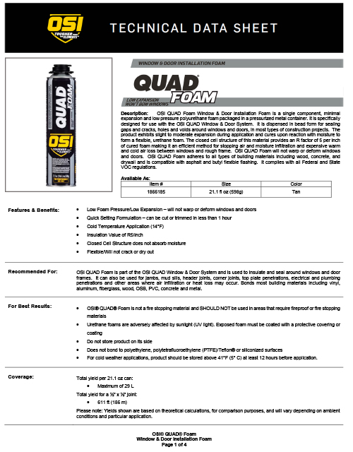 QUAD Foam Window & Door Foam Sealant Tech Data Sheet