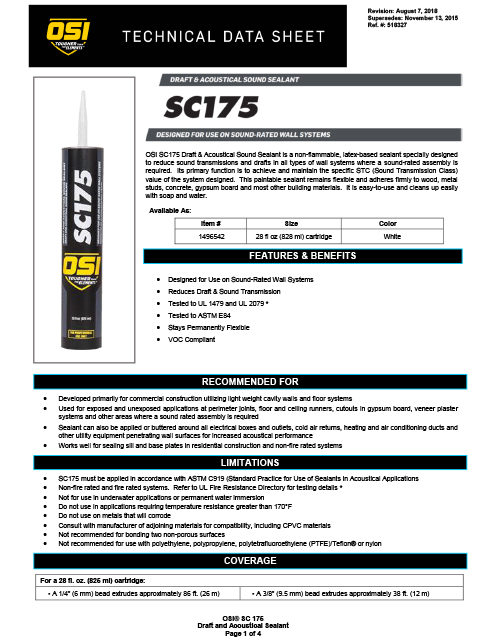 SC175 Draft & Acoustical Sound Sealant Tech Data Sheet