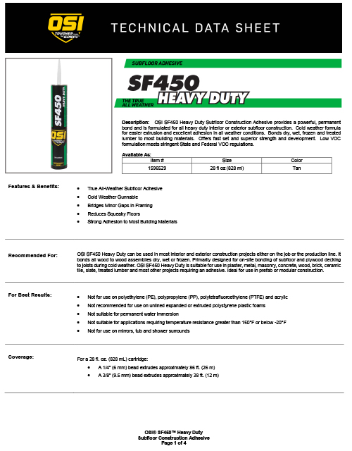 SF450 Heavy Duty Subfloor Adhesive Tech Data Sheet